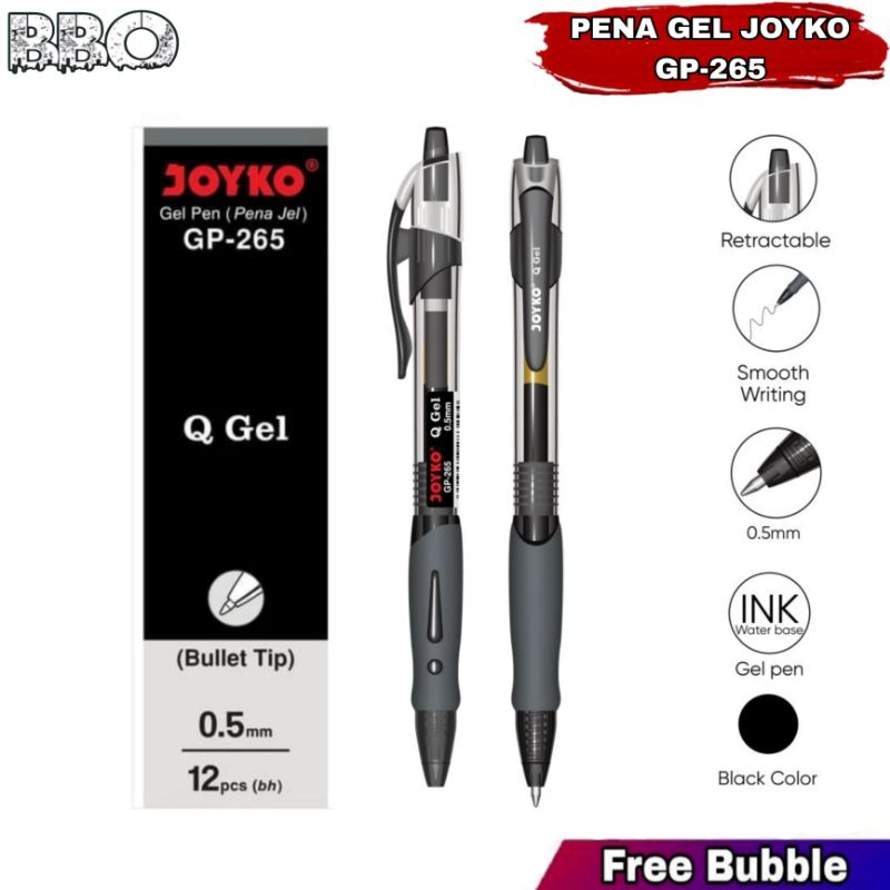 

Pulpen Pena Gel JOYKO Q Gel GP-265 Cetek 0.5mm Hitam Perlusin Isi 12Pcs