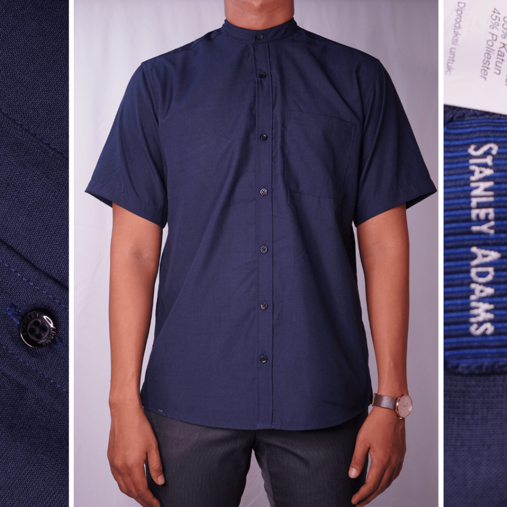 Kemeja Pria Shanghai Polos Lengan Pendek Reguler Fit Biru Navy Polos Stanley Adams | Kerah Mandarin
