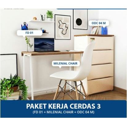 Paket Kerja Cerdas 3 / Meja Belajar + Kursi + Drawer 4 Susun / Olympic Olymplast 1pc FD 01 + 1pc Mil