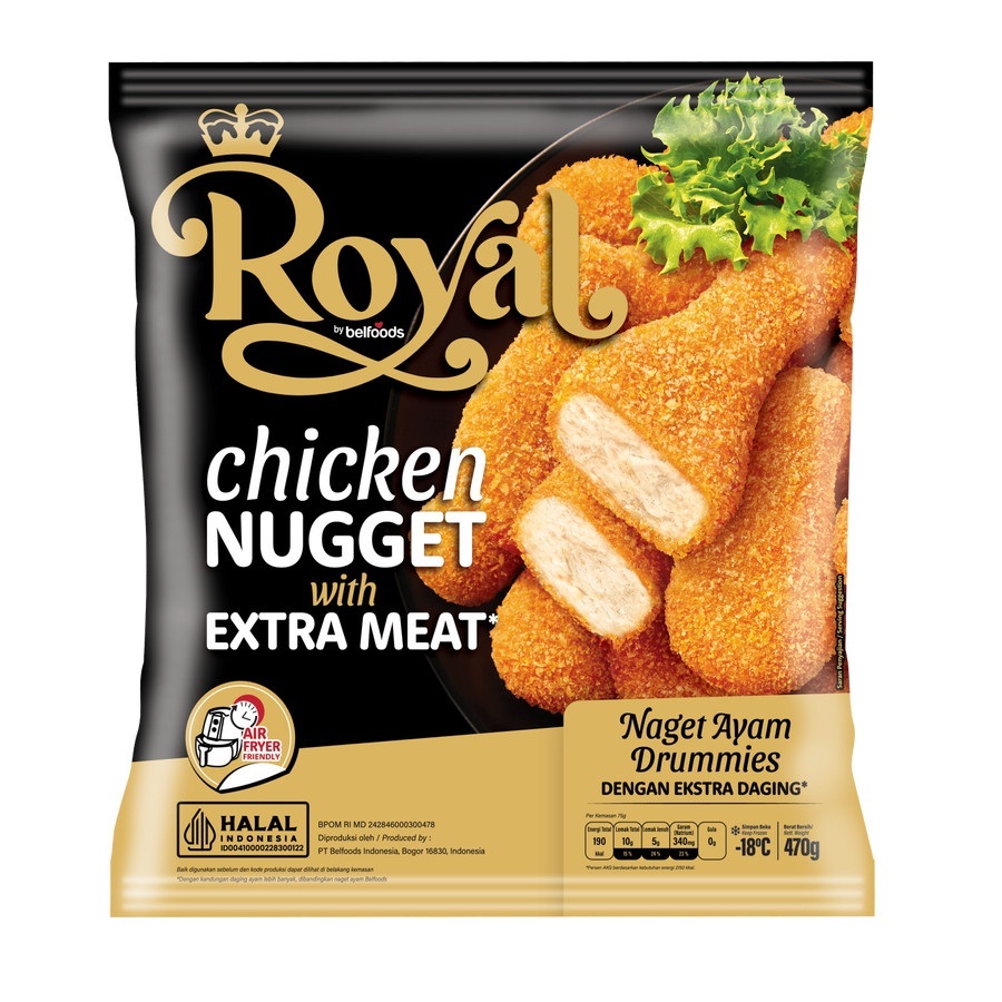 

NUGGET DRUMMIES BELFOODS ROYAL 470GR NAGET AYAM BENTUK PAHA HALAL