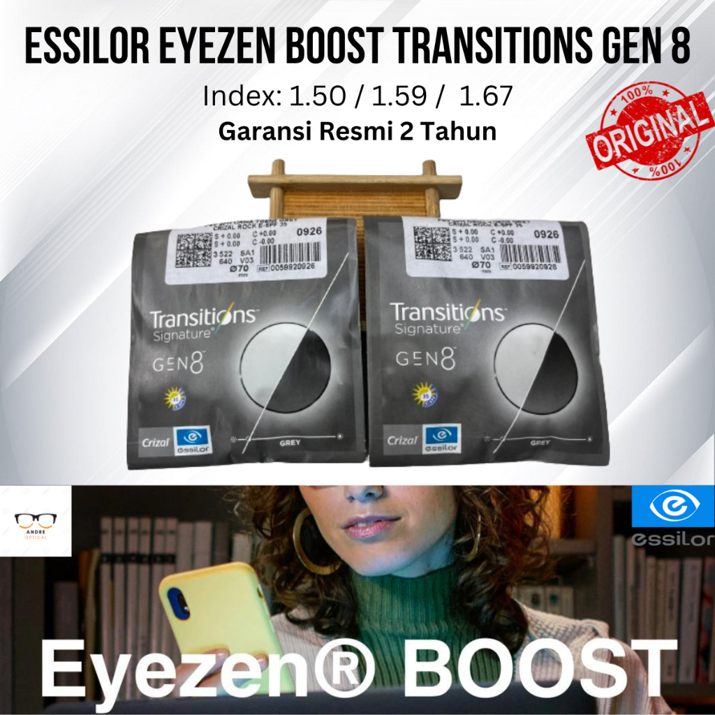 Lensa Kacamata Photochromic Essilor Eyezen Boost Transitions Signature Gen 8 SV