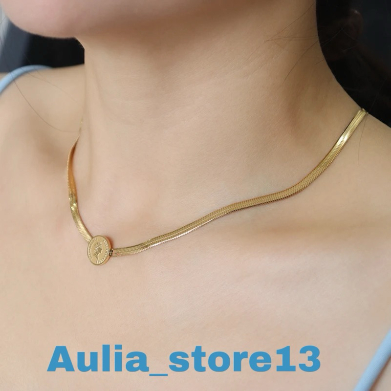 Kalung titanium liontin keberuntungan koin Elisabeth gold