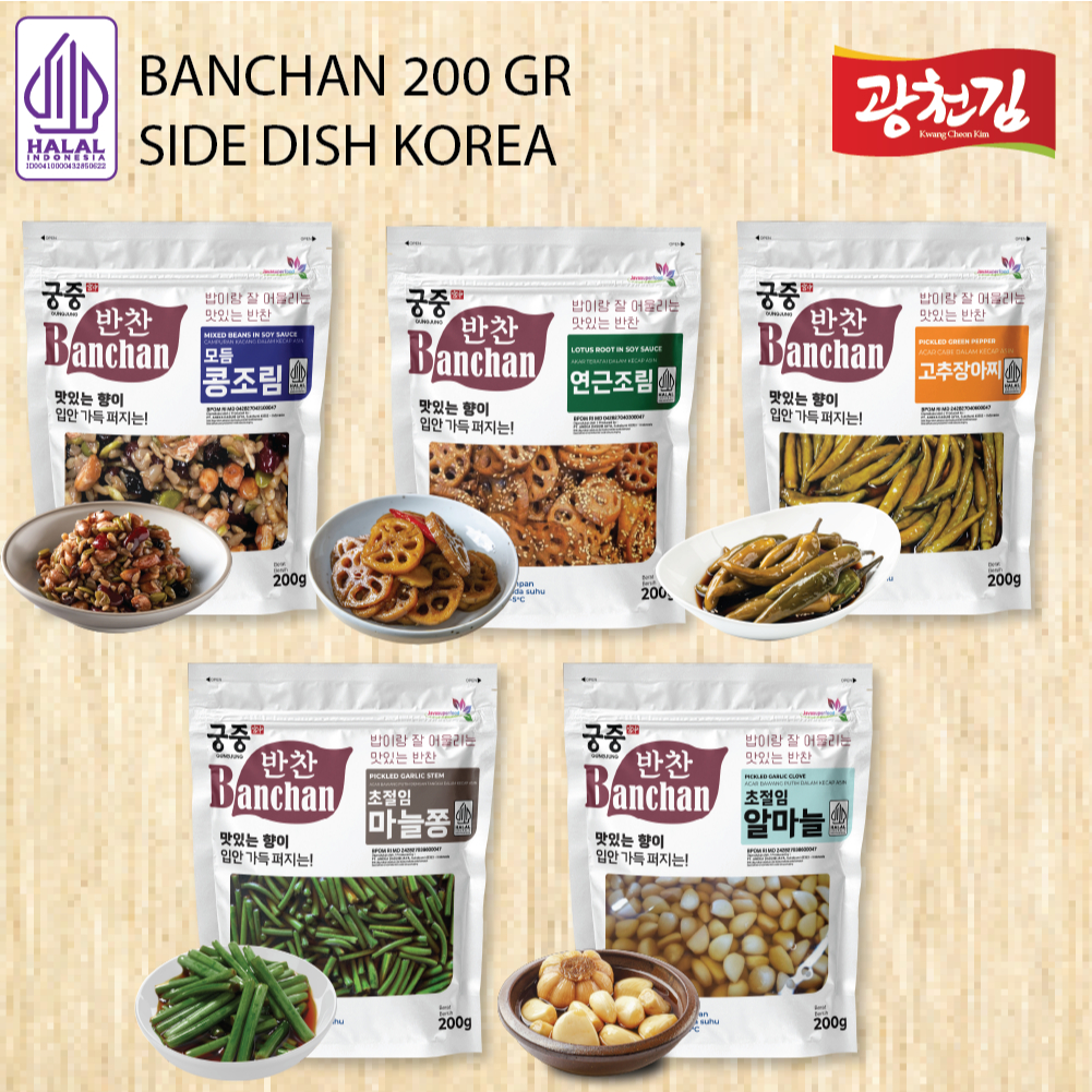 

BANCHAN SIDE DISH KOREAN FOOD 200 GR / KIMCHI \ BEANS KACANG \ LOTUS \ CABE \ GARLIC BAWANG PUTIH HALAL