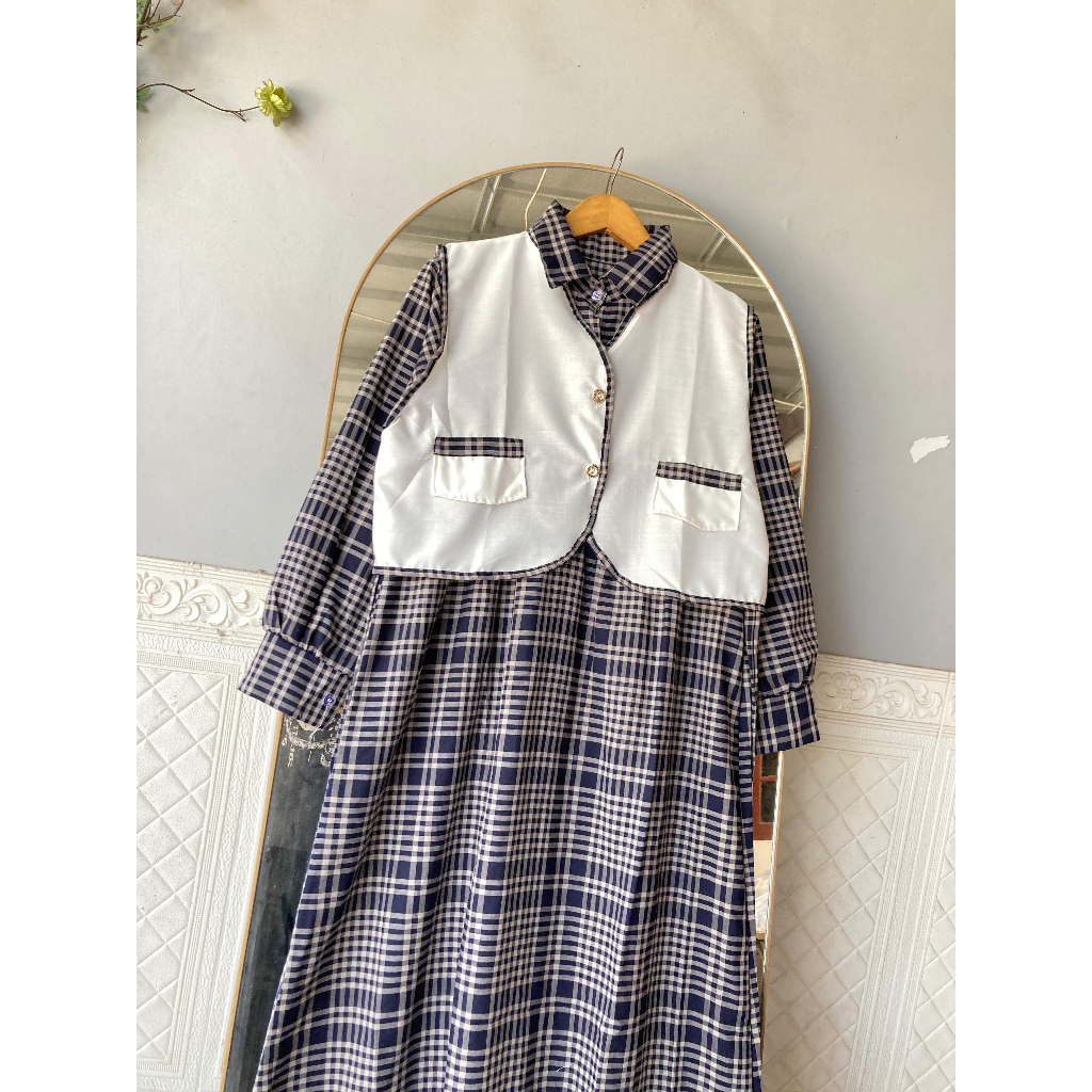 GAMIS SET VEST MODEL TERPISAH AMEERA SET KOTAK KOTAK KATUN HARUKA/COD/VEST DAN DRESS 2IN1 WANITA TER
