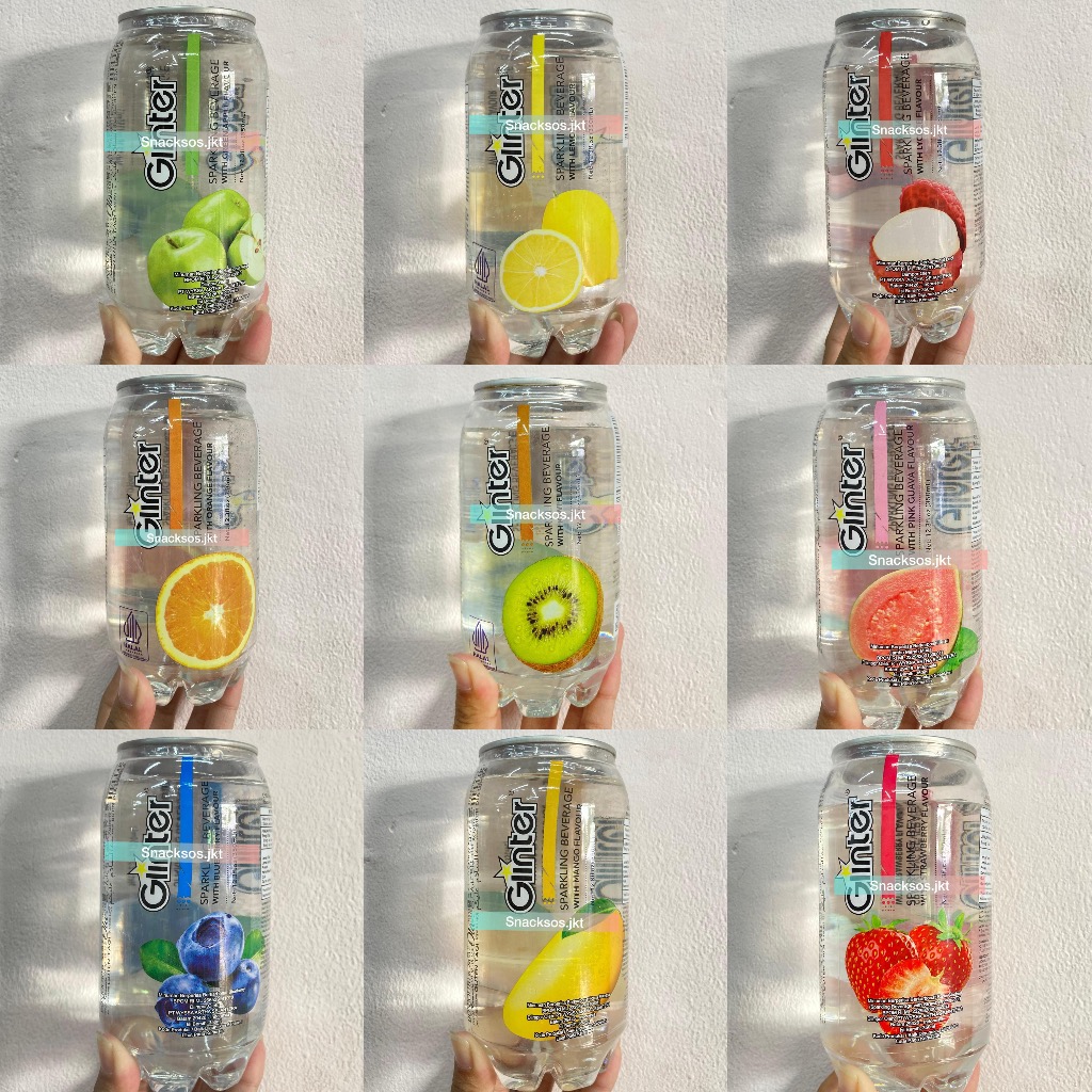 

GLINTER SPARKLING WATER WITH BLUEBERRY / GREEN APPLE / KIWI / LEMON / LYCHEE / ORANGE / PEACH / PINK GUAVA / STRAWBERRY / MANGO - HALAL MALAYSIA