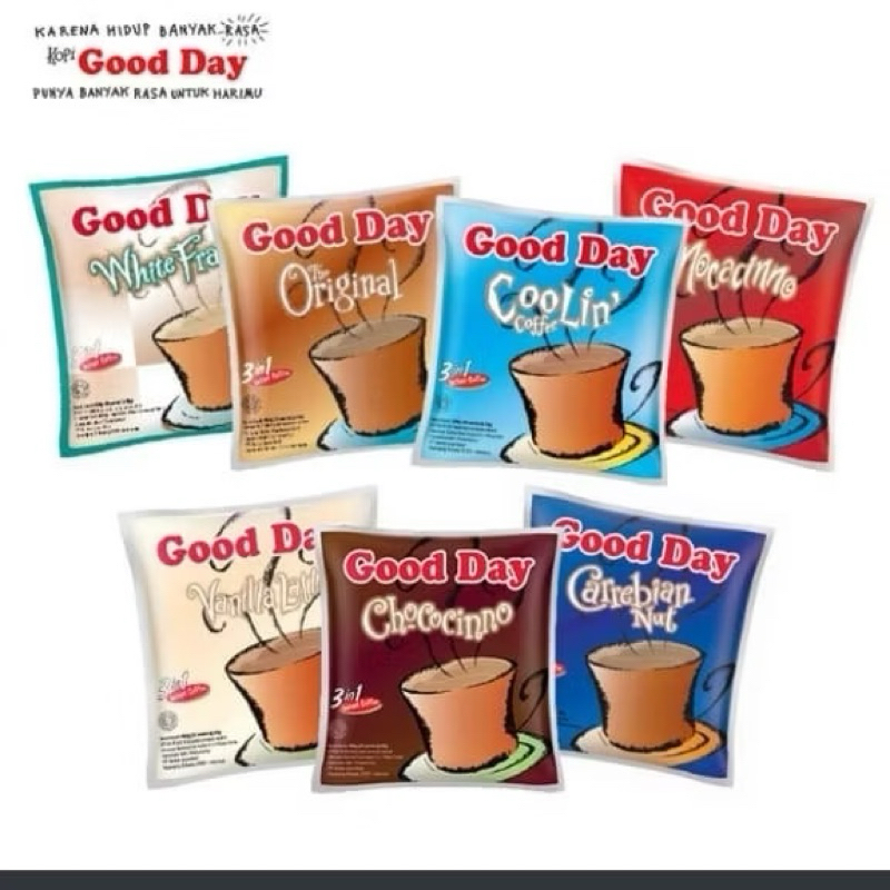 

Good Day Kopi Sachet Moccacino Coolin Carebian Nut Vanilla Latte Chococinno The Original Renceng 10 Pcs