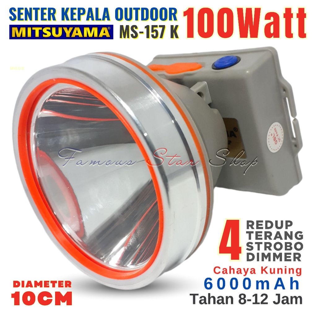 SENTER KEPALA 100 WATT MITSUYAMA MS-157K CAHAYA KUNING TAHAN 8 JAM NONSTOP (MAX POWER) | senter kepa