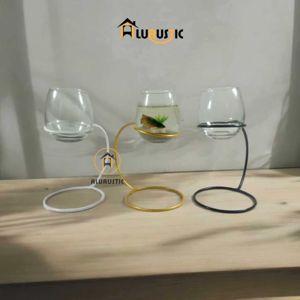 AQUARIUM KACA MINI DENGAN STANDING BESI / AKUARIUM KECIL CUPANG GUPPY ESTETIK / AKUARIUM KACA BULAT/