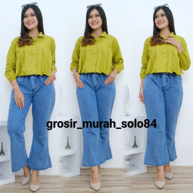 Setelan Wanita Marleena Atasan Kemeja Model Crop + Celana Cutbray Bahan Jeans