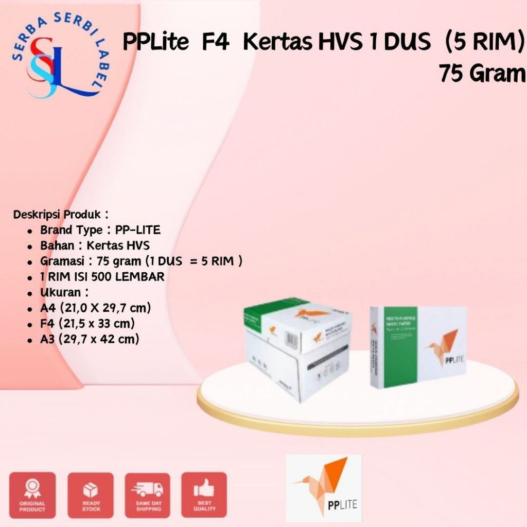 

PPLite A4 | F4 | A3 Kertas HVS 1 DUS (5 RIM ) - 75 Gram - F4