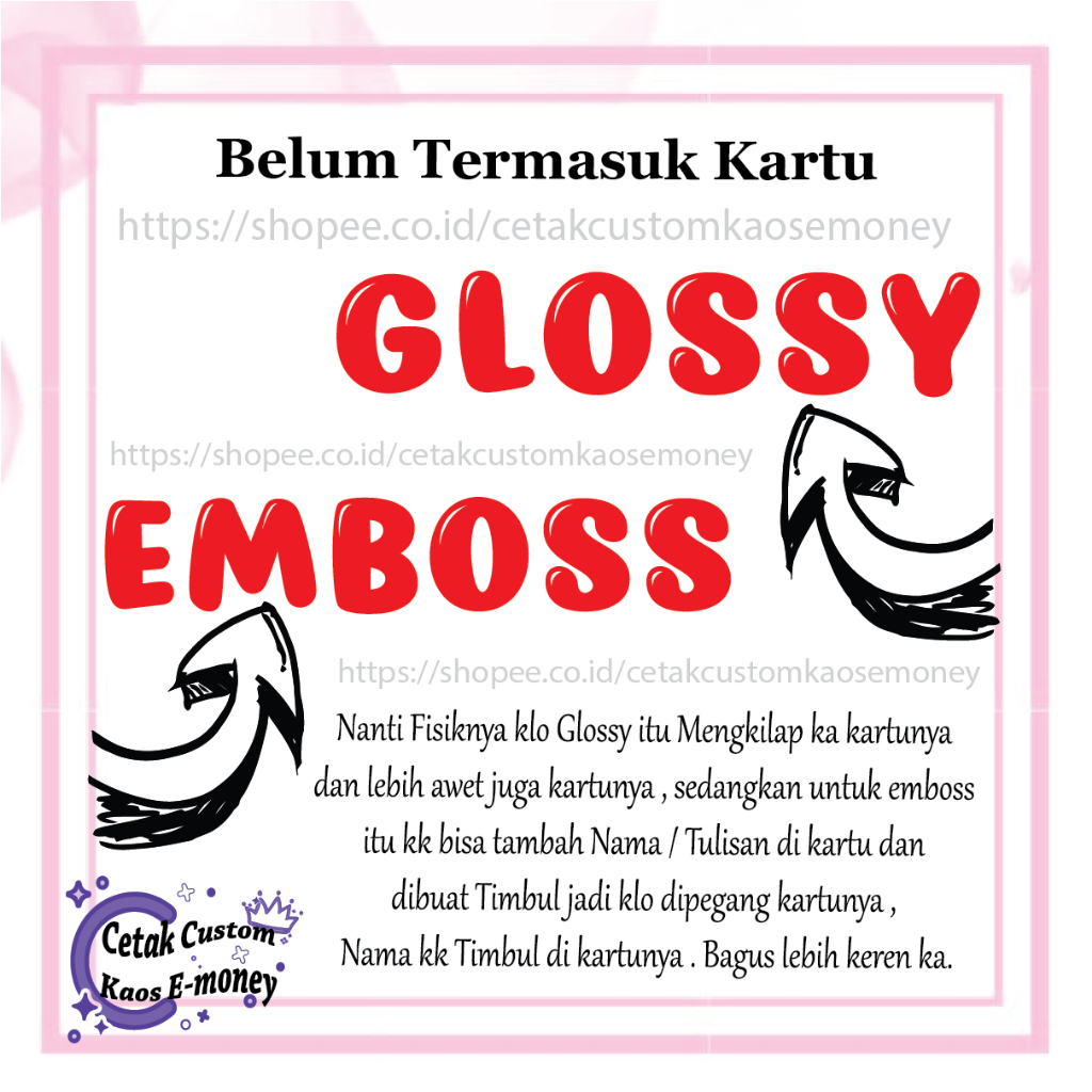 Tambahan Cetak GLOSSY / EMBOSS Nama / Tulisan untuk Kartu Emoney / PVC ( BELUM TERMASUK KARTU )