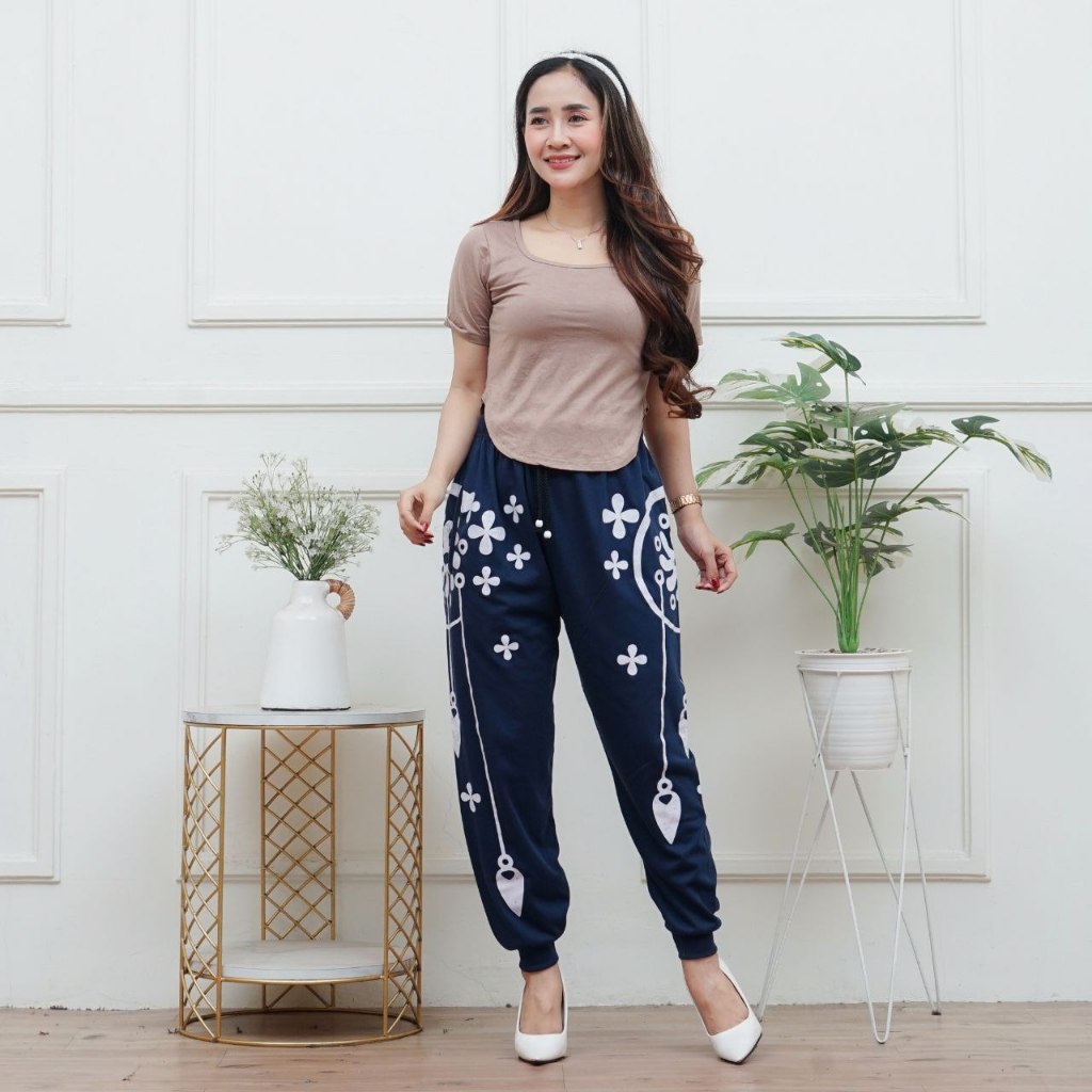 Celana panjang Jogger Pants Wanita High Waist Motif Sport