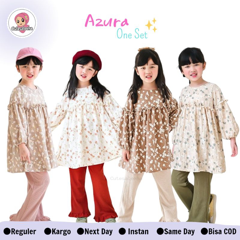 Cutesaleeha One Set Anak Perempuan Azura Usia 2-11 Tahun Baju Setelan Anak Perempuan Tunik Anak Pere