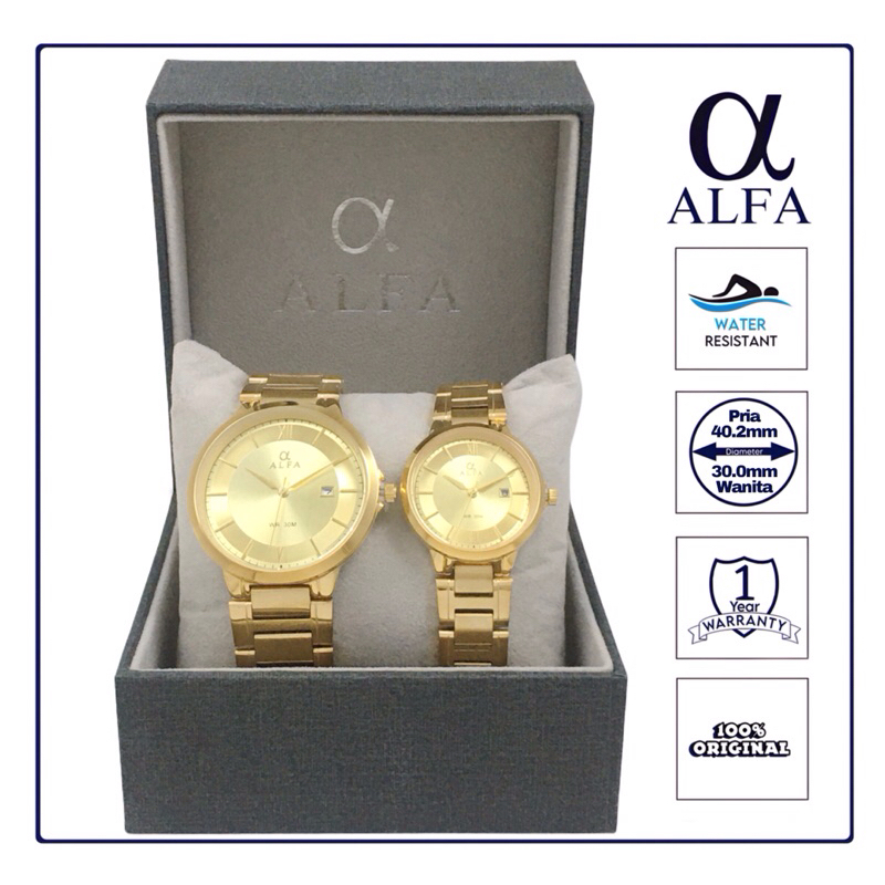 ALFA Jam Tangan Pria Original Anti Air Rantai Stainless Steel Garansi Warna Gold 88802