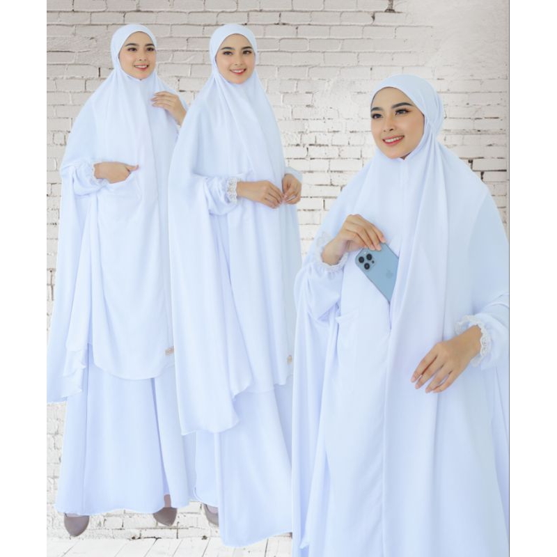 Set Gamis Putih Syari Set Khimar Saku Bahan Wolfis Lux Premium