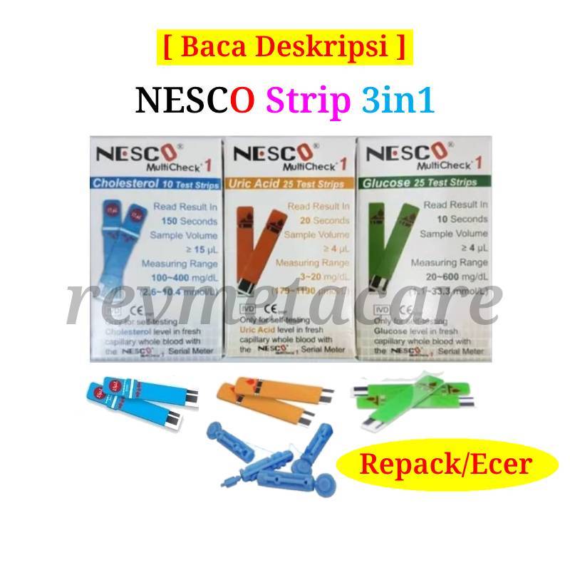 Nesco Multicheck 3 in 1 Strip Tes Cek Ukur Gula Darah, Asam Urat, Kolesterol Stik Refil Bonus Lancet