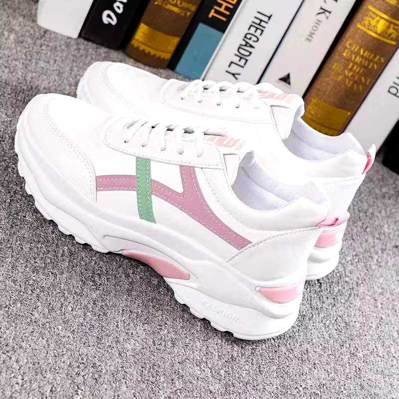 Sepatu sneaker wanita modelan garis silang cewek putih sepatu olah raga sole karet sintetis shoes