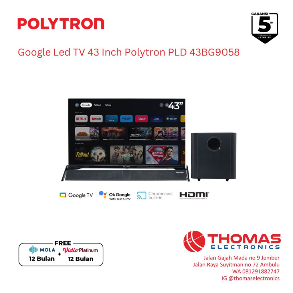 Google Led TV 43 Inch Polytron PLD 43BG9058 43 BG 9058 Smart Cinemax Garansi Resmi