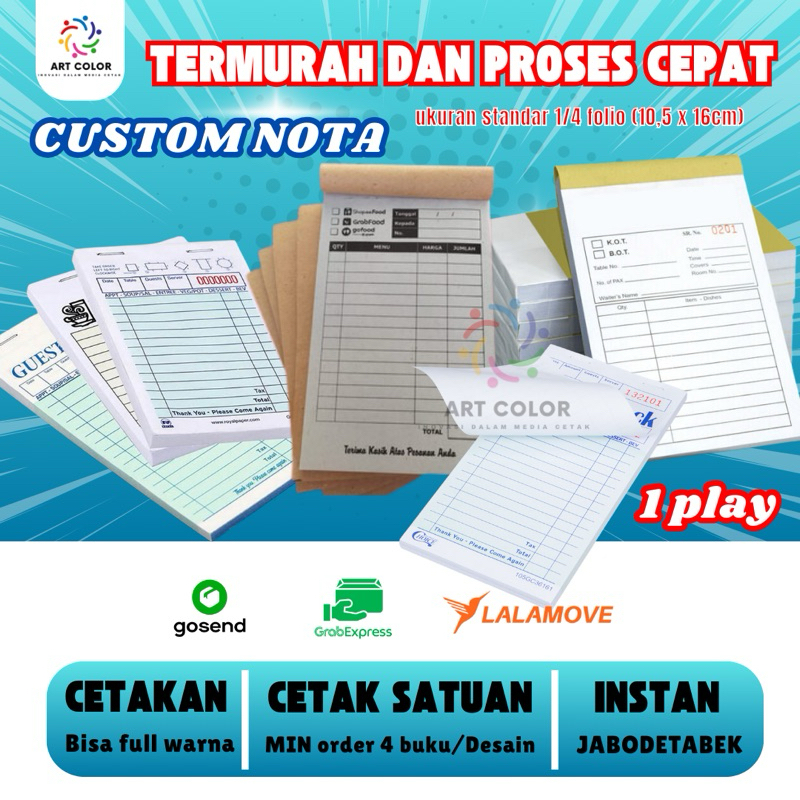 

HARGA SPESIAL NOTA CUSTOM NAMA/DESAIN FULL COLOR 2PLY UKURAN SEDANG 1/4 KERTAS FOLIO (10,5 x 16cm) ARTCOLOR