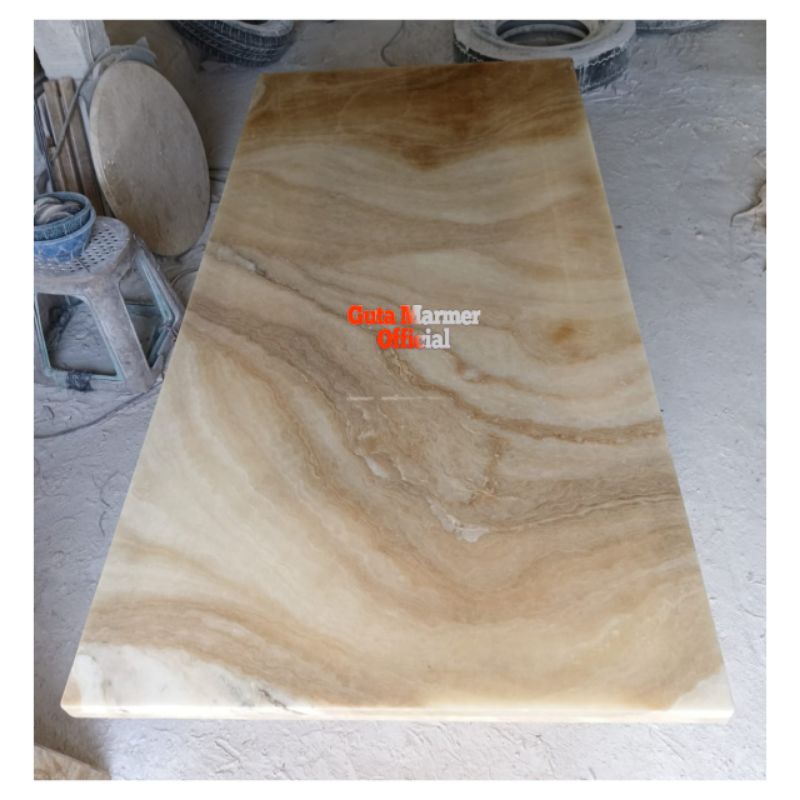 Top Table || Daun Meja Batu Onix Motif Alur Glosy Mengkilat Rapi Ukuran 90x180Cm