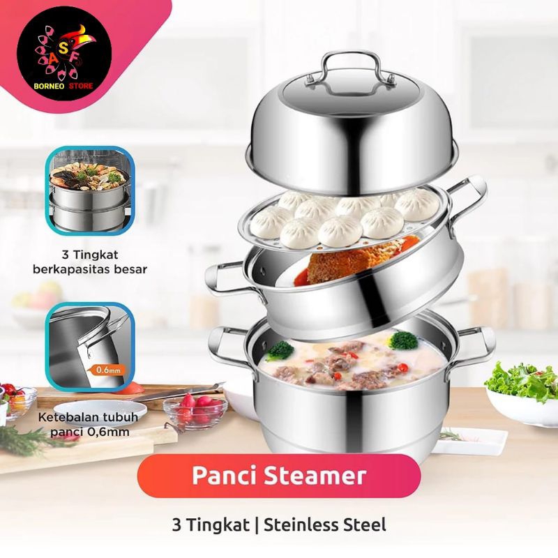Panci Kukus Steamer Pot Stainless Susun 3 Tingkat Ukuran 28 Cm