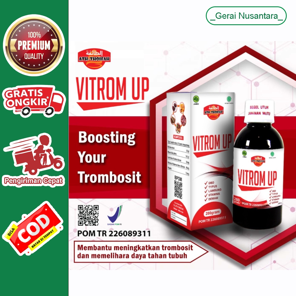 

Vitrom Up isi 280 gr Trombooster Ath-Thoifah Kemasan Baru(Sari Kurma Madu Propolis Lumbricus Biji Angkak)