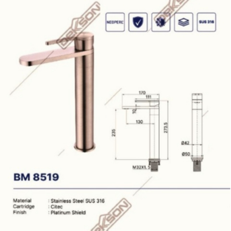 BASIN MIXER SUS 316 DEKKSON BM 8519 SSS Kran Air Mix Panas Dingin Wastafel Cuci Tangan Satin Stainle
