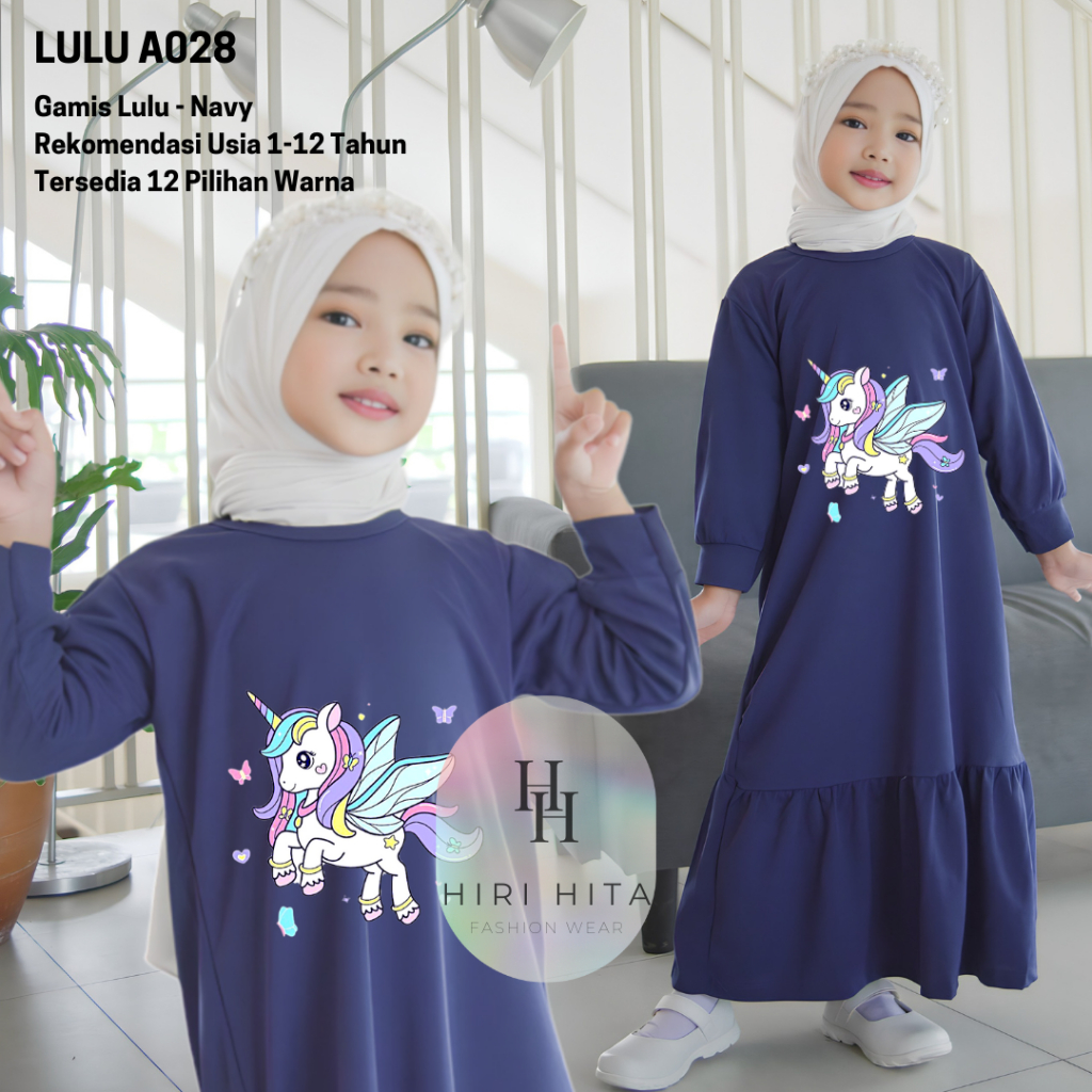 Hirihita A028 Baju Gamis Lulu Anak Perempuan Unicorn Kuda Pony 12 Pilihan Warna 1-12 Tahun