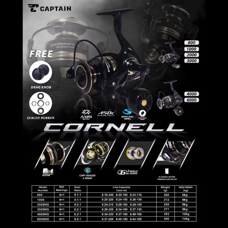 REEL CAPTAIN CORNELL 800 - 6000 SEALED BALL BEARING POWER HANDLE