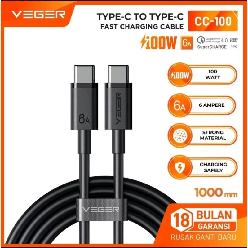 KABEL DATA ORI VEGER FASTCHARGING TYPE-C TO TYPE-C 6.A/100W QC4.0