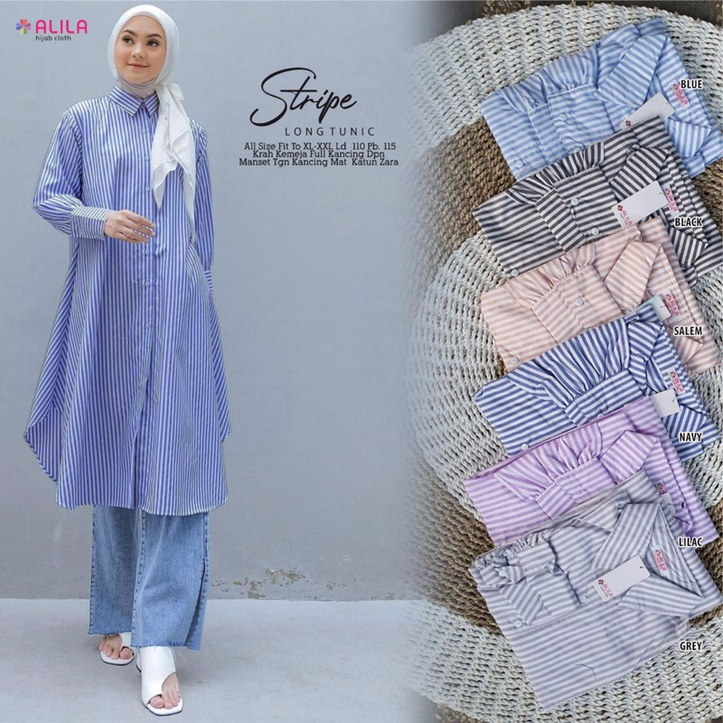 Stripe Long Tunik Ori By Alila Hijab Atasan Kemeja Wanita Salur Ld 110 [ READY COD ]