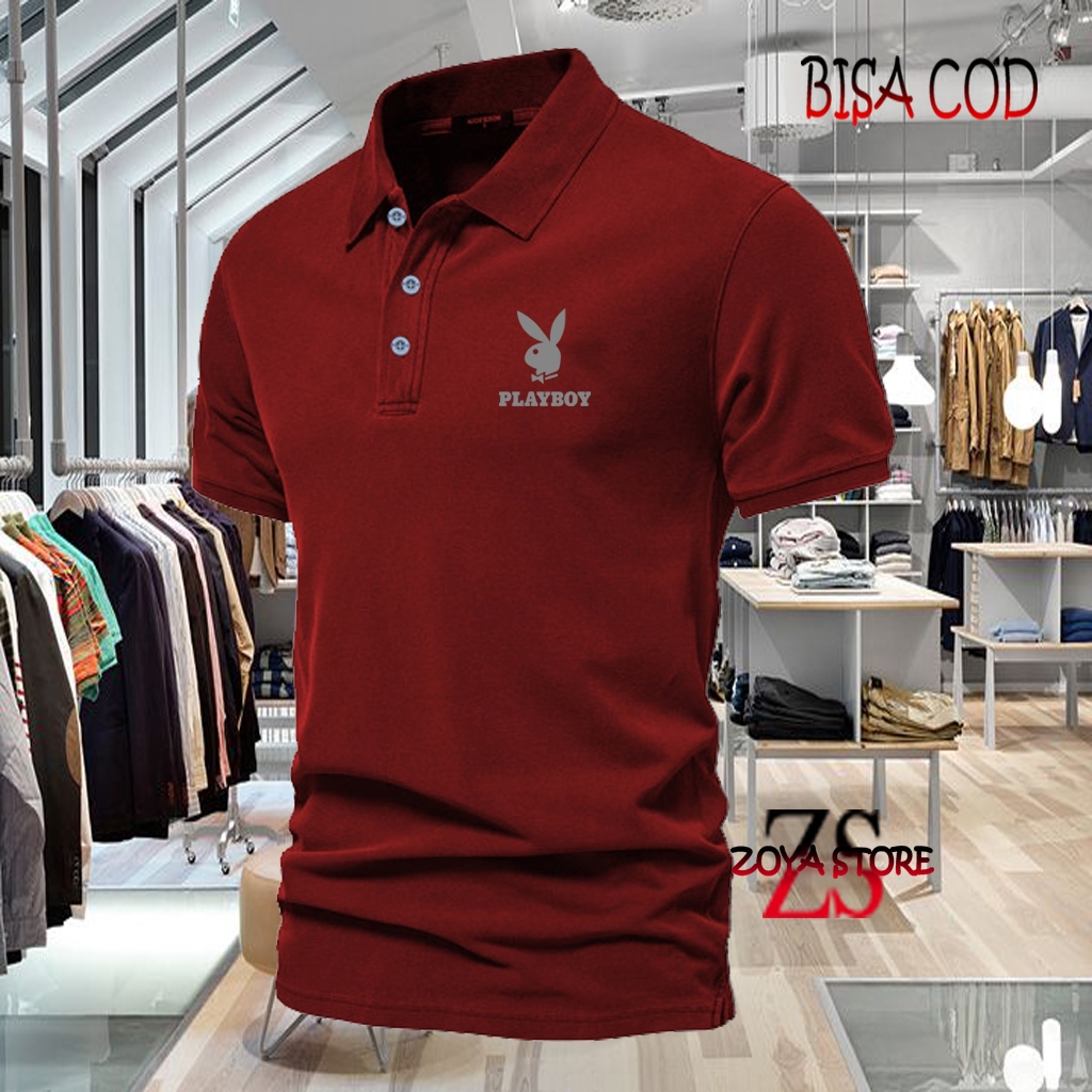 COD T-shrit POLO kerah Playboy Text Silver Kaos Kerah Dewasa Shirt / Kaos Wangki Pria Polo / Kaos Se