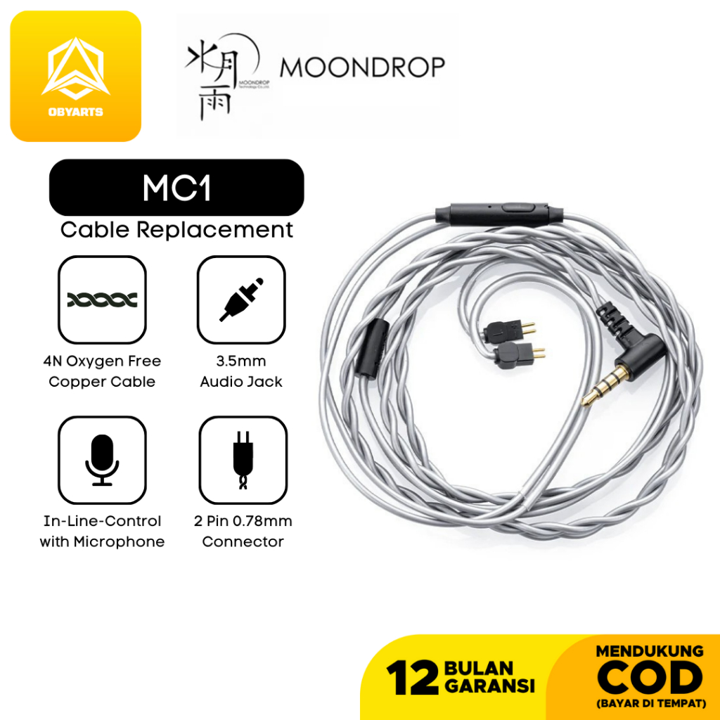 Moondrop MC1 4N Copper Cable For In Ear Earphone Jack 3.5mm With Microphone 2 pin 0.78mm