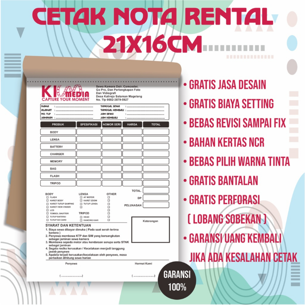Cetak Nota Rental/sewa Kamera, Mobil, RENTAL MOTOR DLL 21X16