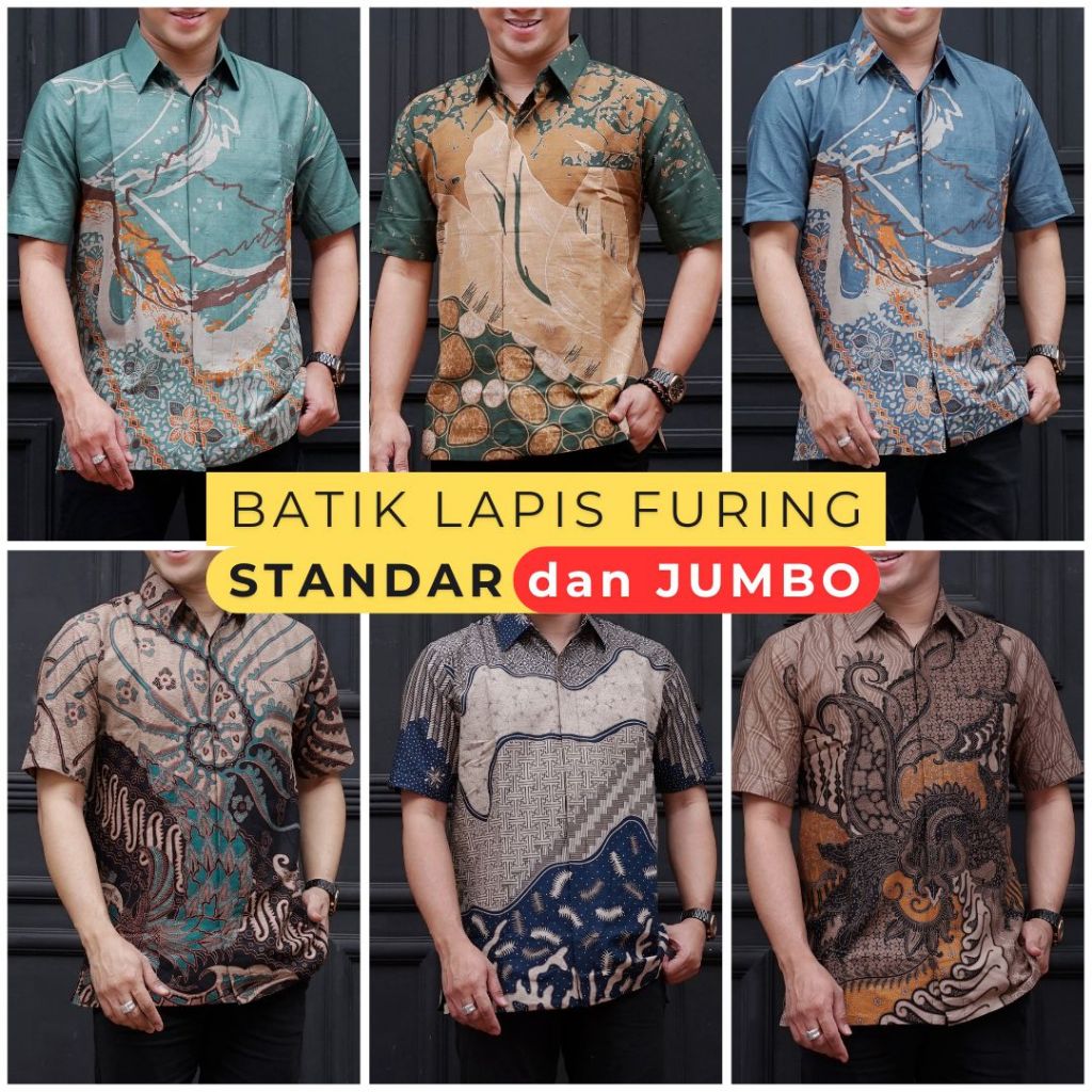 Kemeja Batik Pria Lengan PENDEK Lapis FURING Standar JUMBO Big Size XXXL 4XL Katun Batik Ambari KHF3