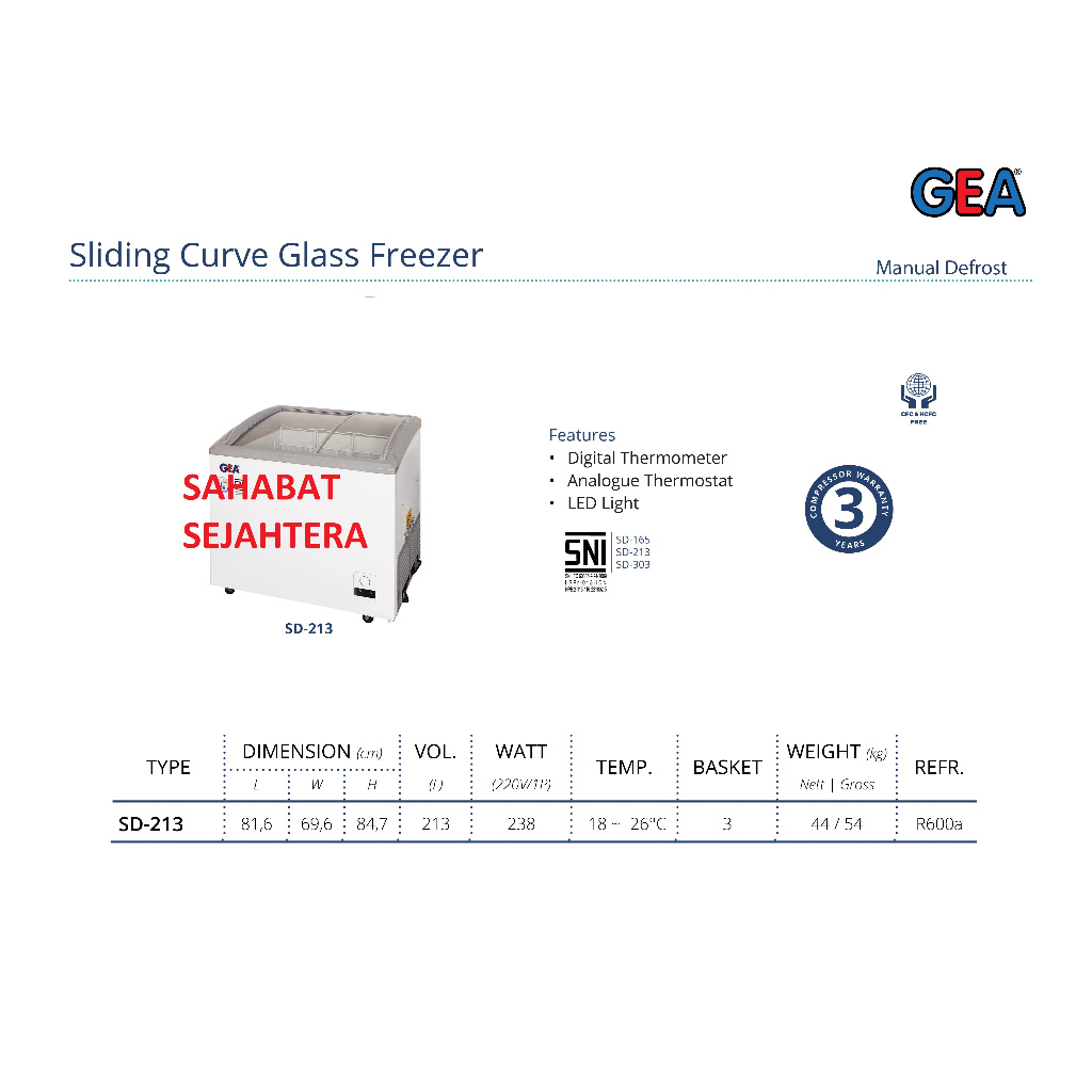 GEA Sliding Curve Glass Freezer SD-213 Freezer Sliding Kaca