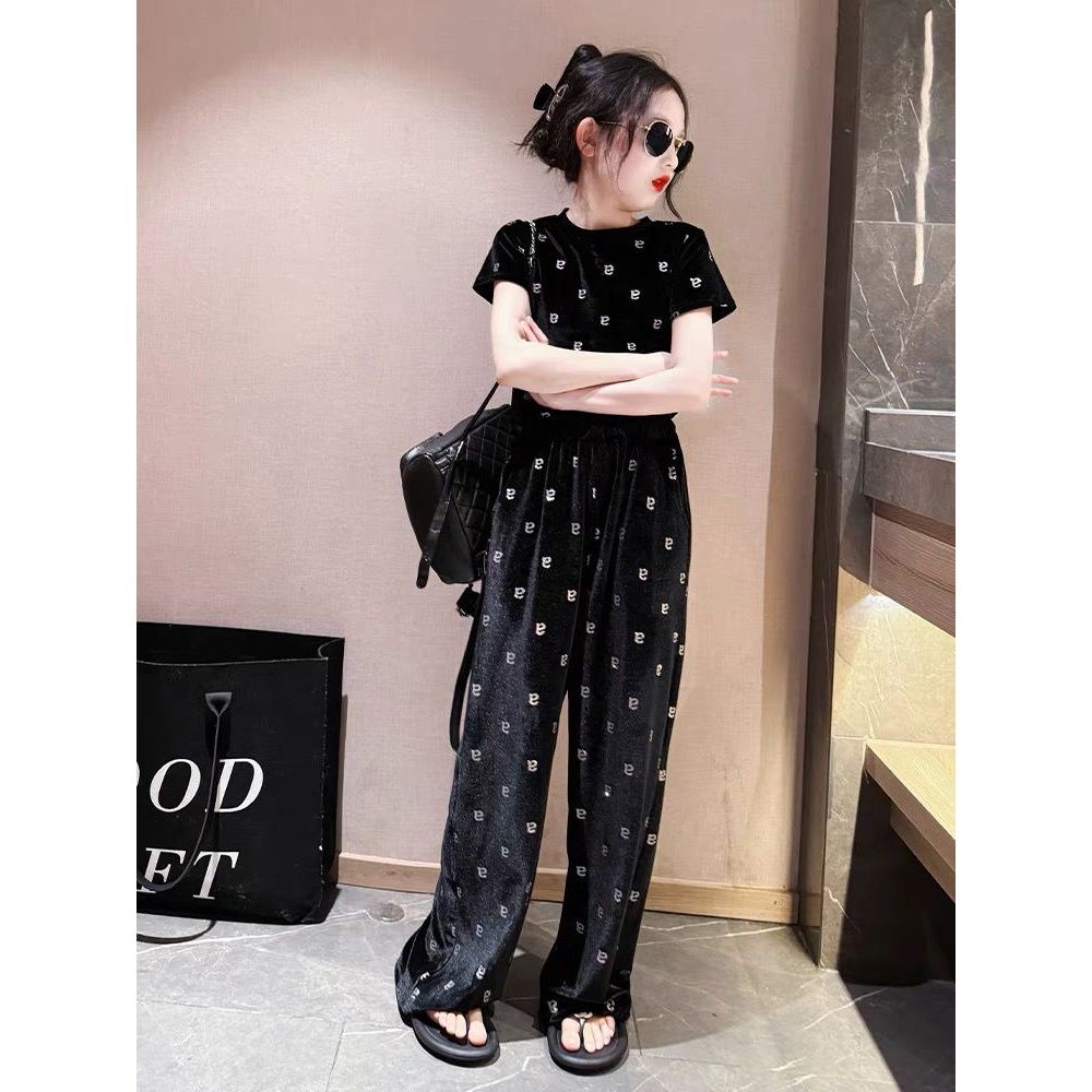 JS28 Setelan anak perempuan crop kulot velvet bludru lengan pendek celana panjang hitam/baju anak pe