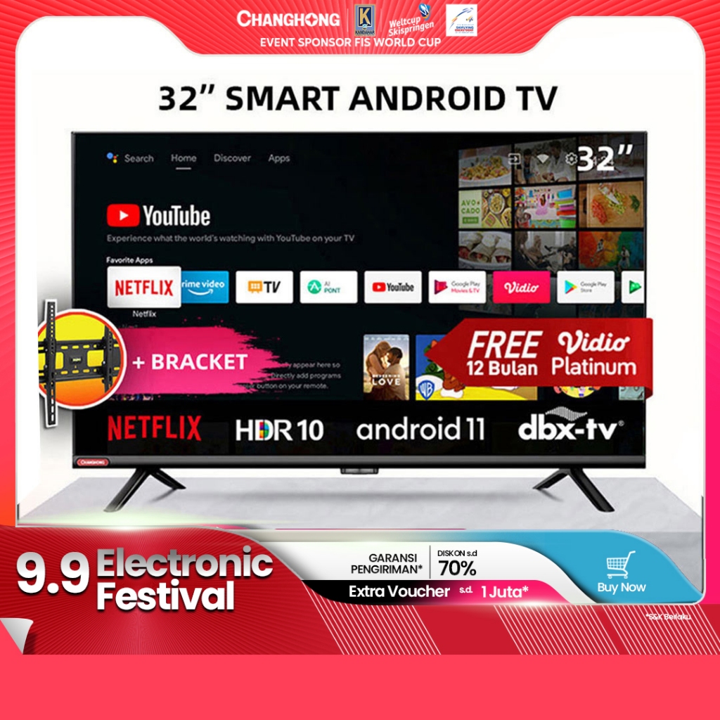 Changhong 32 Inch Newest Android 11 Frameless Smart TV Digital Neflix LED TV-L32G7N-Garansi 3  Resmi