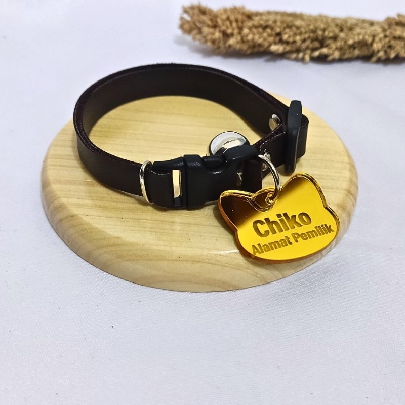 Kalung Kucing Custom Nama Bebas Ukir Nama Motif Kepala Kucing Liontin Bahan Akrilik Gold