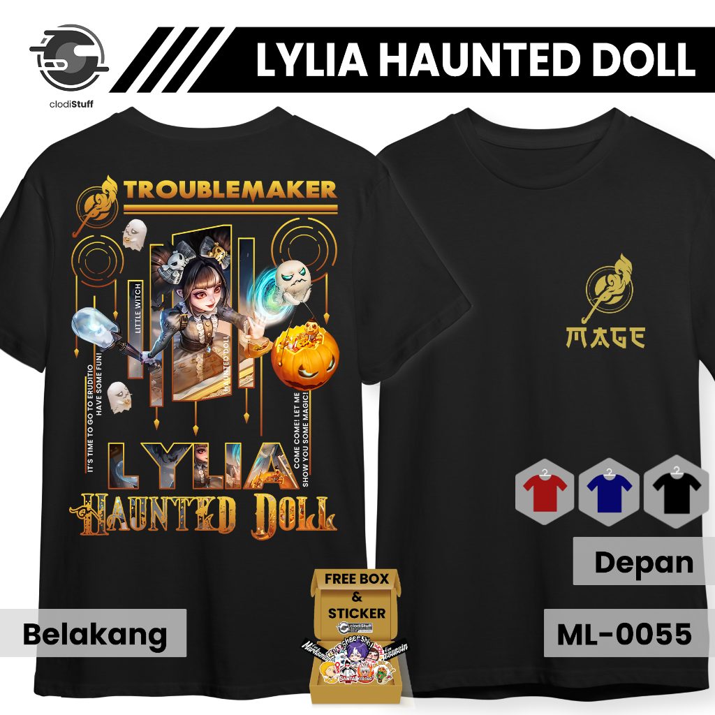 Kaos LYLIA HAUNTED DOLL Skin Mobile Legends Lengan Pendek Hitam Combed 24S Distro ML MLBB PriaWanita