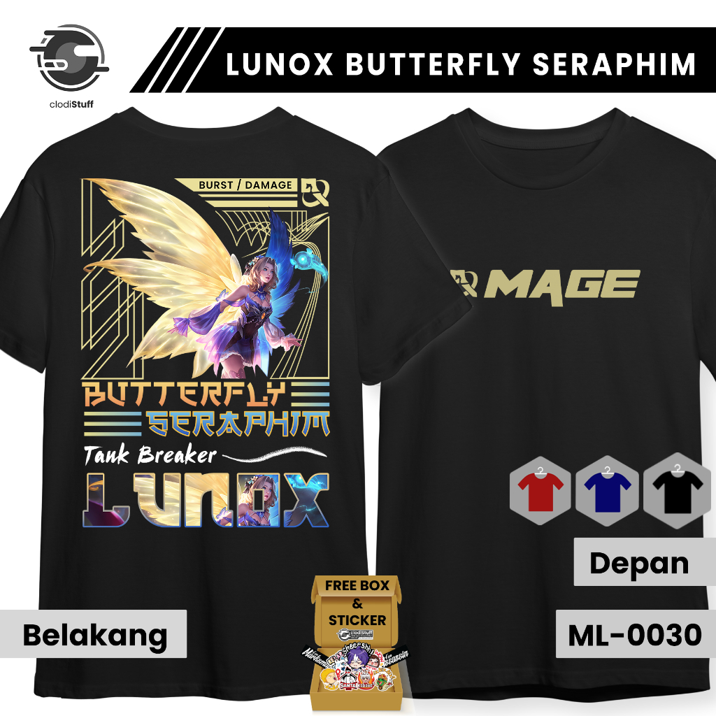Kaos MLBB LUNOX BUTTERFLY SERAPHIM EPIC Mobile Legends Lengan Pendek Hitam Combed 24s Pria Wanita