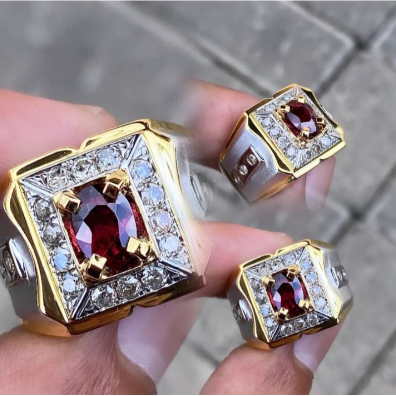 Cincin Berlian Pria Natural Berlian Garnet Merah Berlian Eropa Asli Original Diamond Intan Perak Mur