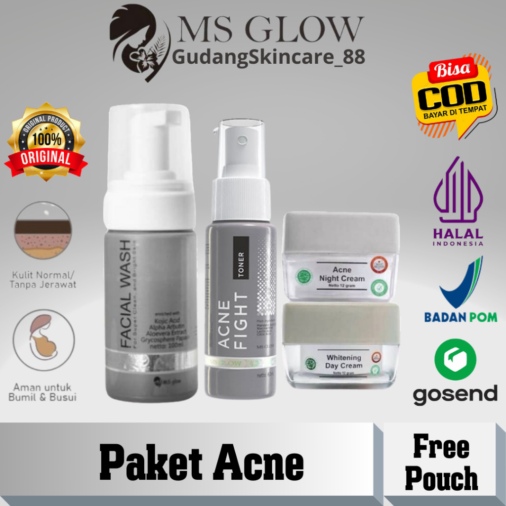 Ms Glow 1 Paket Acne Series Lengkap Kulit Jerawat Original Free Pouch/Totebag