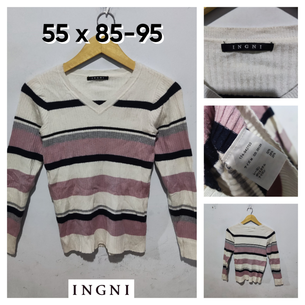 Sweater Knit Lidi INGNI Putih Salur Multicolour Size M Wanita Atasan Cewek Outer ED251