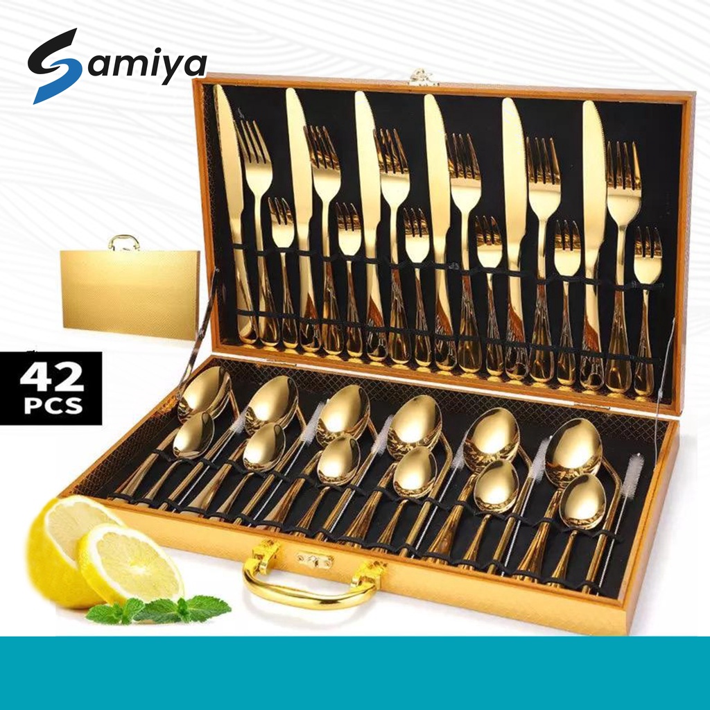 

Diskon Barang paket hampers 42pcs dinner table spoon stainless straw set alat makan gift box sendok set A18