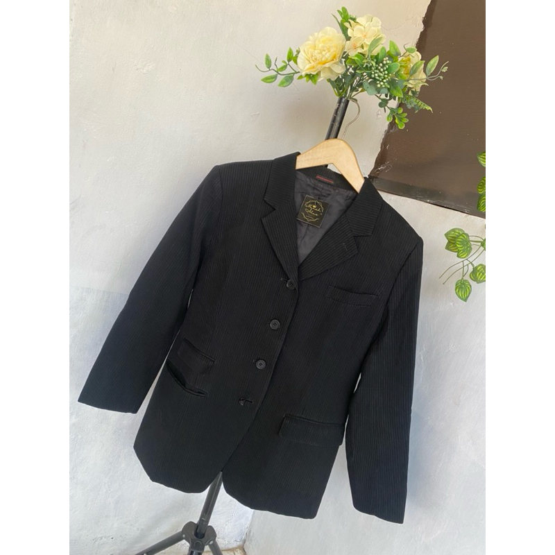 SA JAS Vintage Junko Koshino Charcoal Pencil Stripe Wool 4 buttons unisex blazer hitam salur putih n