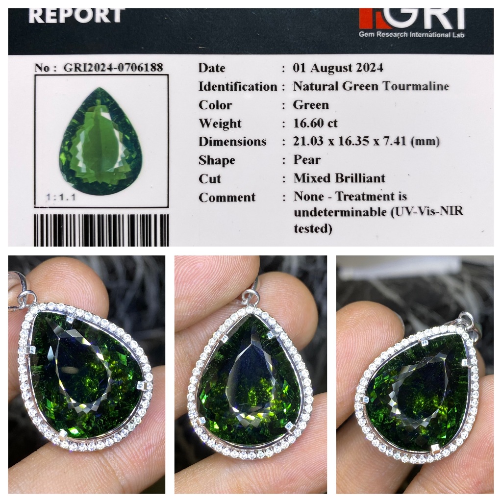 Natural 16.60ct jumbo liontin perak deep green tourmaline