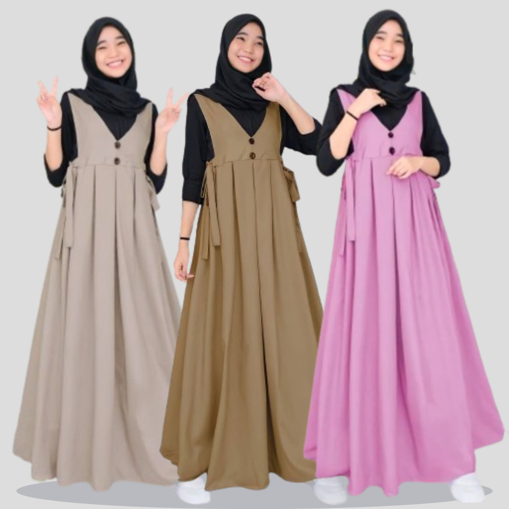 Avela Overall Set Gamis Outer Inner Setelan Wanita Remaja Dewasa Dress Anak Perempuan Gamis Katun
