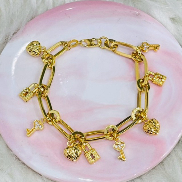 gelang paperclip mocca lonjong love gembok kunci unik elegant emas asli kadar 875