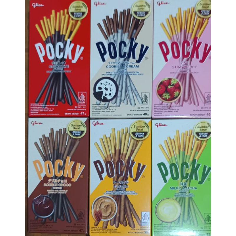 

Glico Pocky biskuit Stick bersalut gula Chocolate 45gr cokelat cookies cream stroberi double choco matcha green tea rasa teh hijau almond